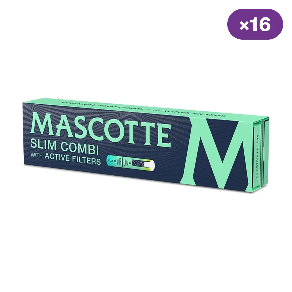 Envase alargado verde y azul oscuro de Mascotte Slim Combi con el texto «With Active Filters» y un distintivo «×16» en la esquina superior. Envase alargado verde y azul oscuro de Mascotte Slim Combi con el texto «With Active Filters» y un distintivo «×16» en la esquina superior.