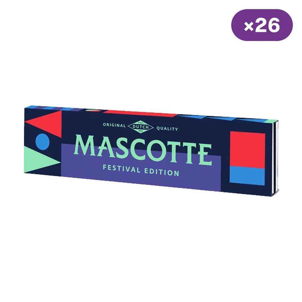 Estuche de papel Mascotte Festival Edition con diseño geométrico multicolor sobre fondo azul oscuro e indicación de 26 unidades. Estuche de papel Mascotte Festival Edition con diseño geométrico multicolor sobre fondo azul oscuro e indicación de 26 unidades.