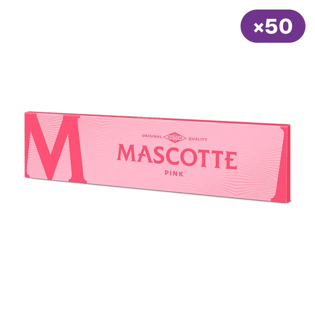 Librillo rosa de papel Mascotte Slim Pink, con una gran M lateral y distintivo «×50» en la esquina superior derecha. Librillo rosa de papel Mascotte Slim Pink, con una gran M lateral y distintivo «×50» en la esquina superior derecha.