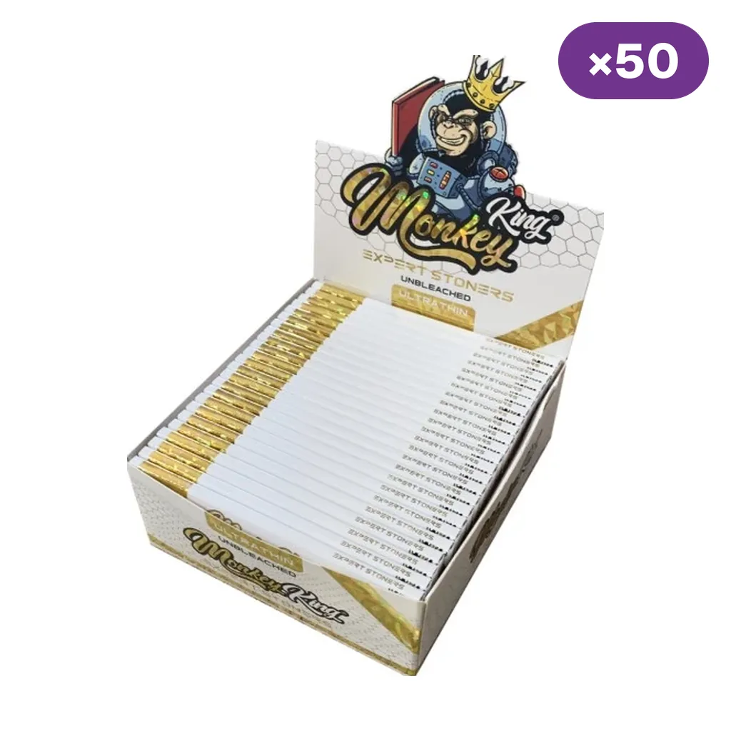 Caja expositora abierta de papel Monkey King Expert Stoners Unbleached, con librillos blancos y dorados y distintivo de 50 unidades.
