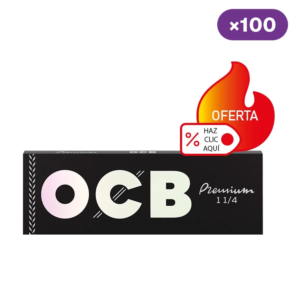 Librillo negro de papel de liar OCB Premium 1 1/4, con grandes letras claras y un distintivo ×100 en la esquina superior.