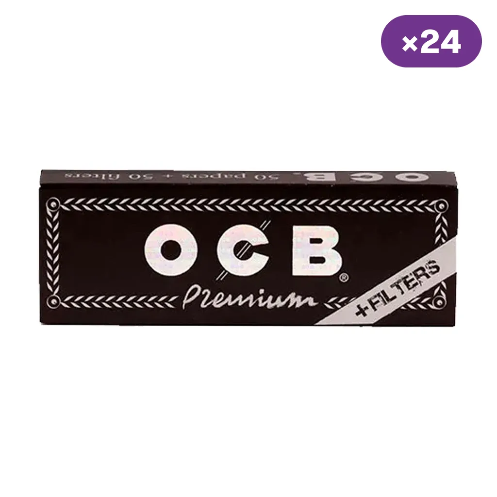 Estuche negro de papel de liar OCB Premium con la inscripción «+ FILTERS» y un distintivo morado de 24 unidades.