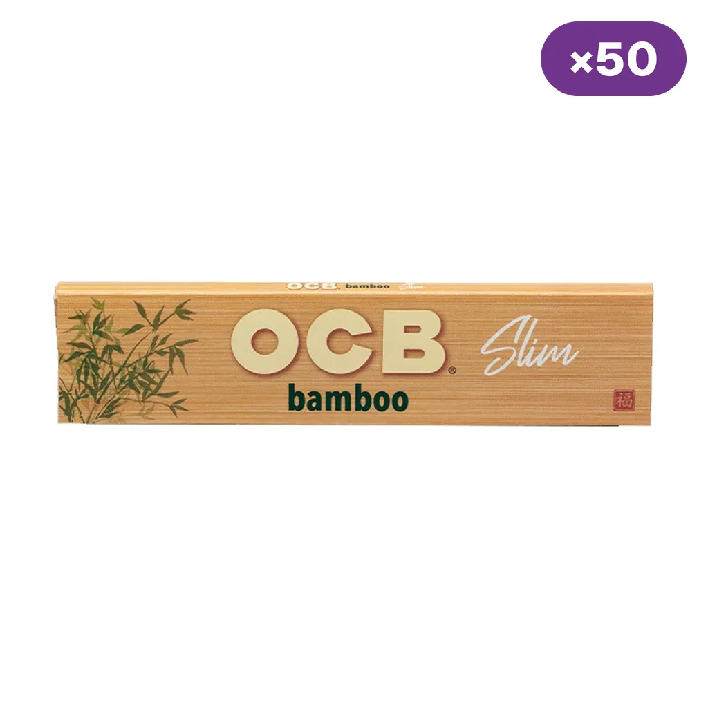 Librito de papel OCB Bamboo Slim con fondo marrón, dibujo de bambú a la izquierda y distintivo de 50 unidades.