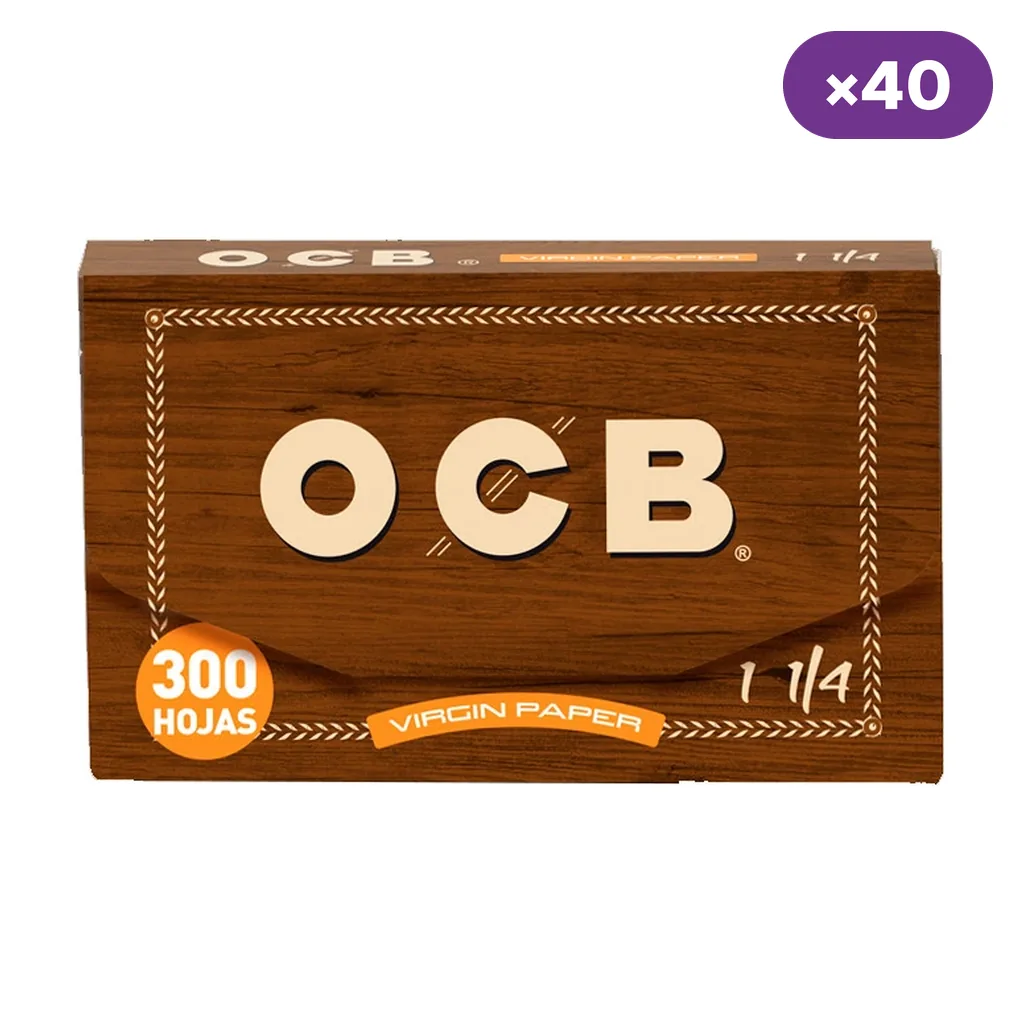 Bloc OCB Virgin de diseño marrón con logo grande, indicaciones de 300 hojas y formato 1 1/4, junto a un distintivo de 40 unidades.
