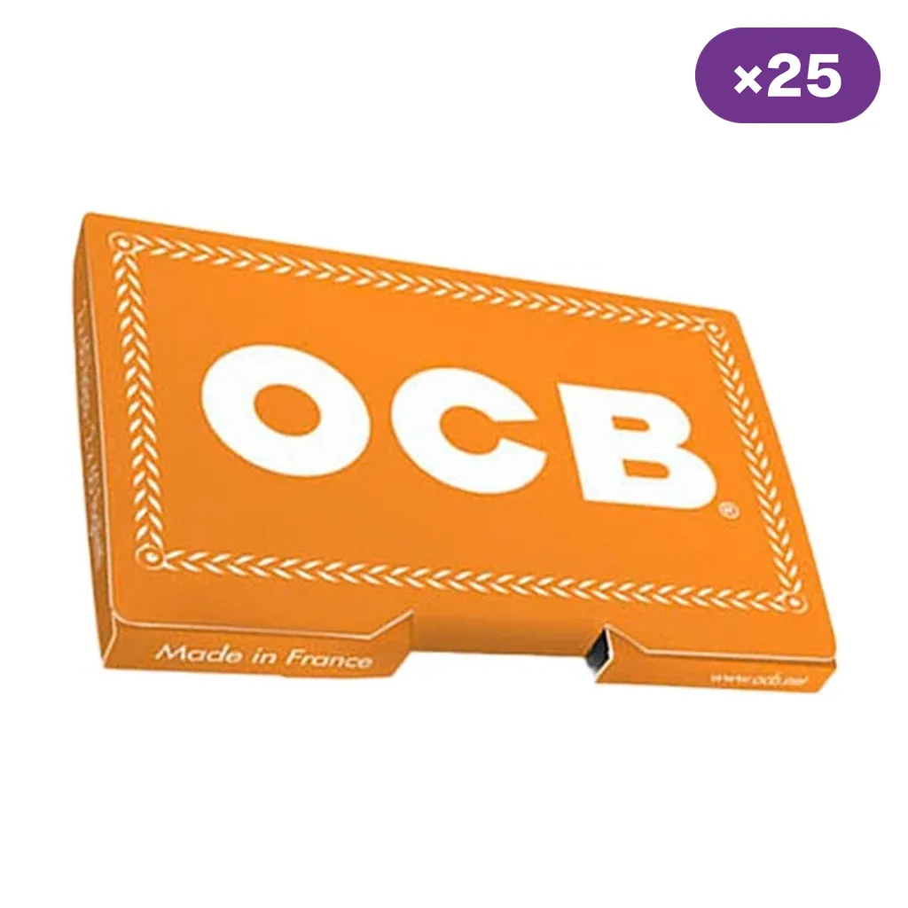 Estuche naranja de papel OCB Doble Ventana nº 4, con logotipo blanco, borde decorativo e indicador de caja de 25.