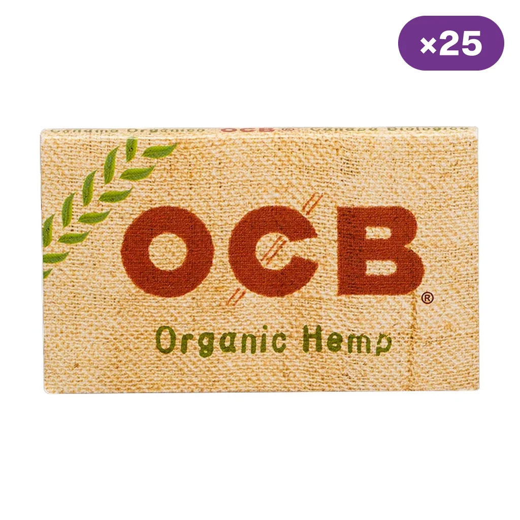 Librillo de papel OCB Organic Hemp con diseño beige texturizado, letras marrones y motivo vegetal verde; distintivo de 25 unidades.