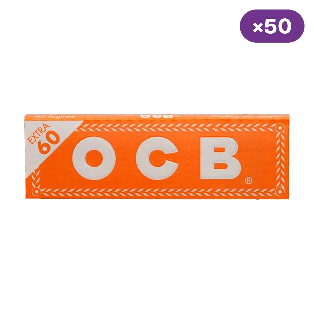 Librillo naranja de papel OCB con grandes letras blancas, la inscripción «Extra 60» y un distintivo superior que indica ×50.