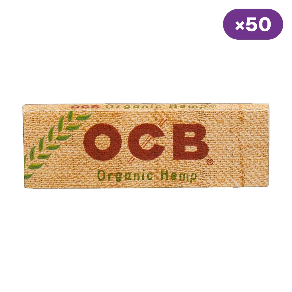 Librillo de papel OCB Organic Hemp con diseño beige, letras marrones y motivo vegetal verde; indicador de 50 unidades sobre fondo blanco.