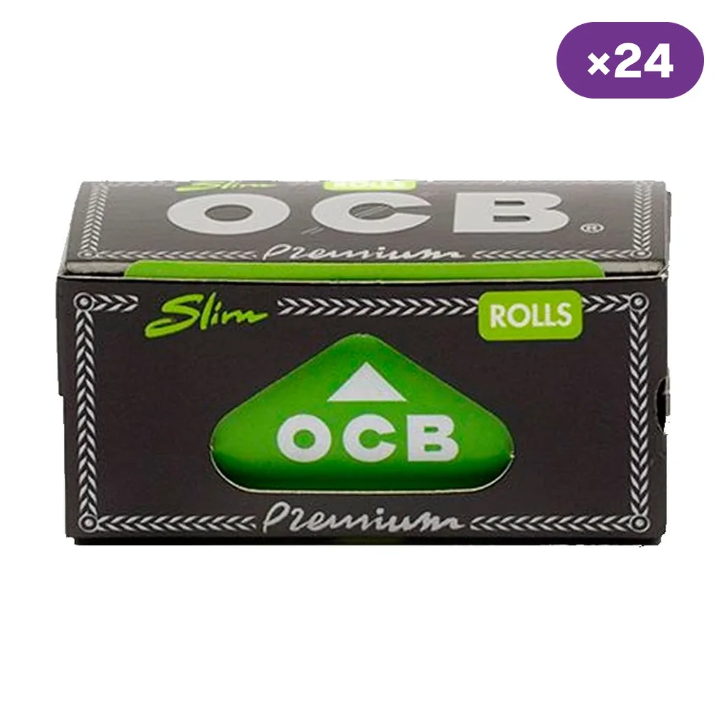 Caja negra de papel OCB Rolls Premium Slim, con detalles verdes, logotipo plateado e indicación de 24 unidades.
