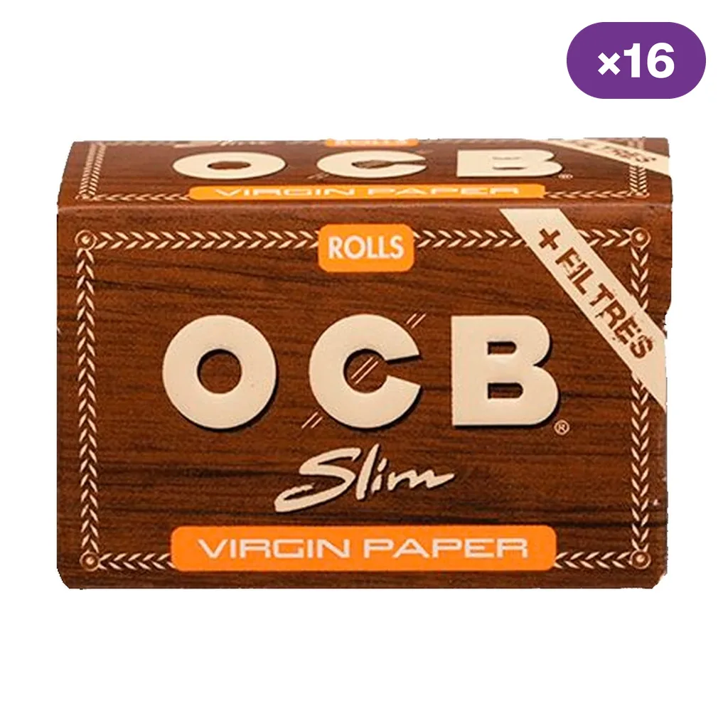 Caja marrón de papel OCB Rolls Slim Virgin con filtros, letras claras y bandas naranjas, sobre fondo blanco; distintivo de 16 unidades.