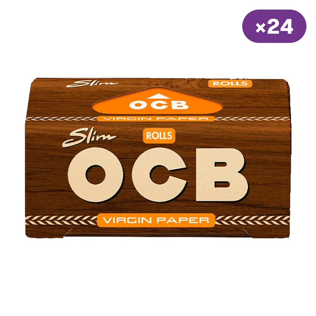Caja marrón de papel OCB Rolls Virgin Slim, con letras grandes en crema, detalles naranjas e indicación de 24 unidades.