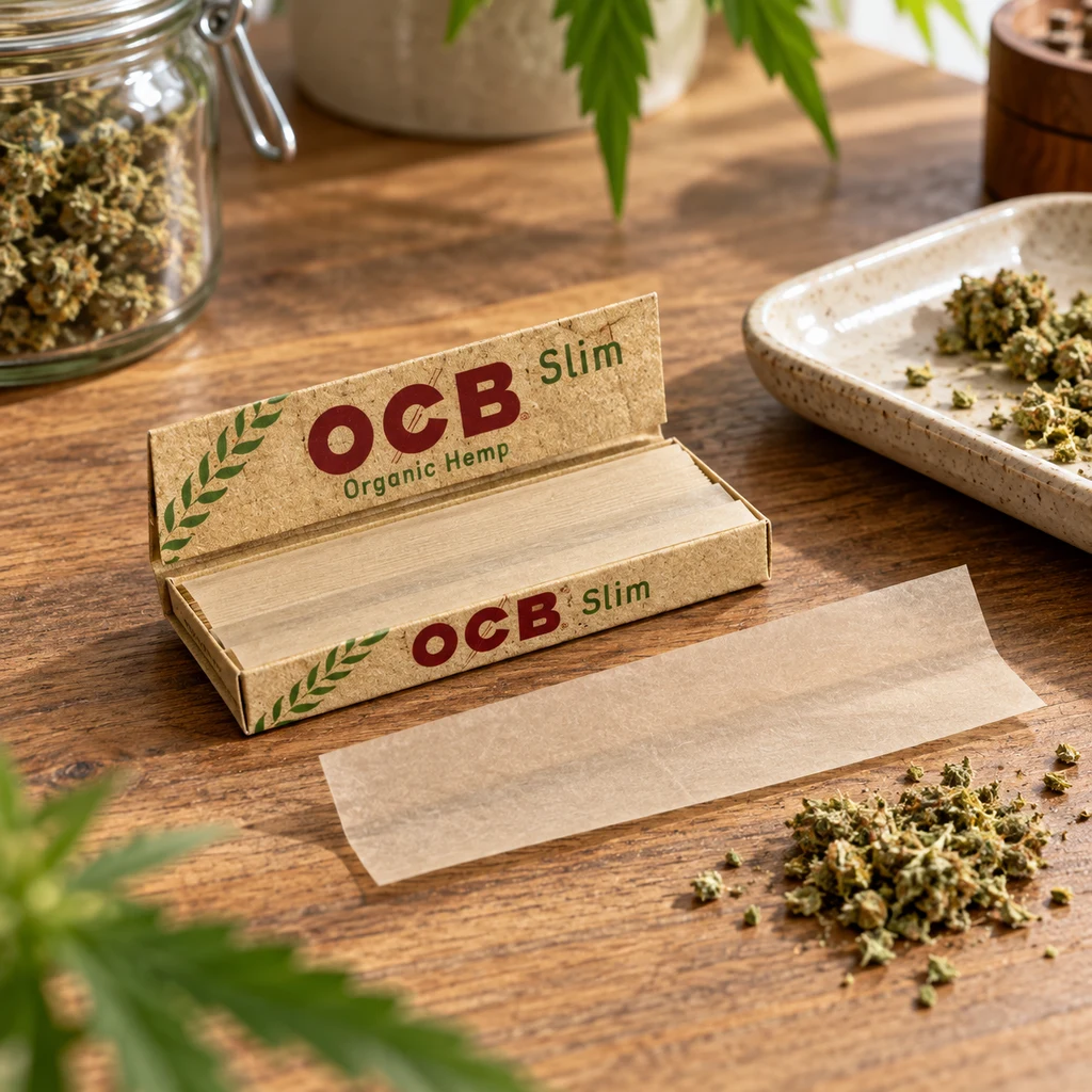Librillo abierto de OCB Slim Organic Hemp sobre una mesa de madera, con un papel extendido y restos vegetales alrededor.