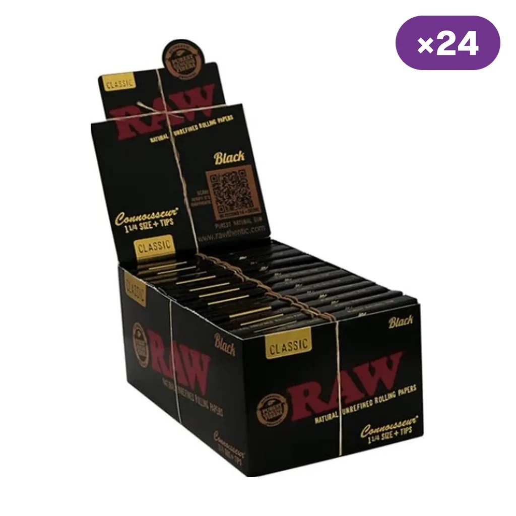 Caja expositora abierta de papel RAW Black Connoisseur 1 1/4 con tips, con libritos negros y distintivo de 24 unidades.