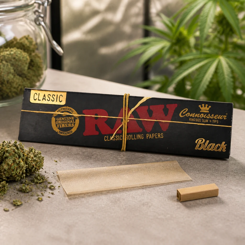 Estuche negro RAW Black Connoisseur King Size Slim con cordón dorado, junto a un papel desplegado y una boquilla de cartón.