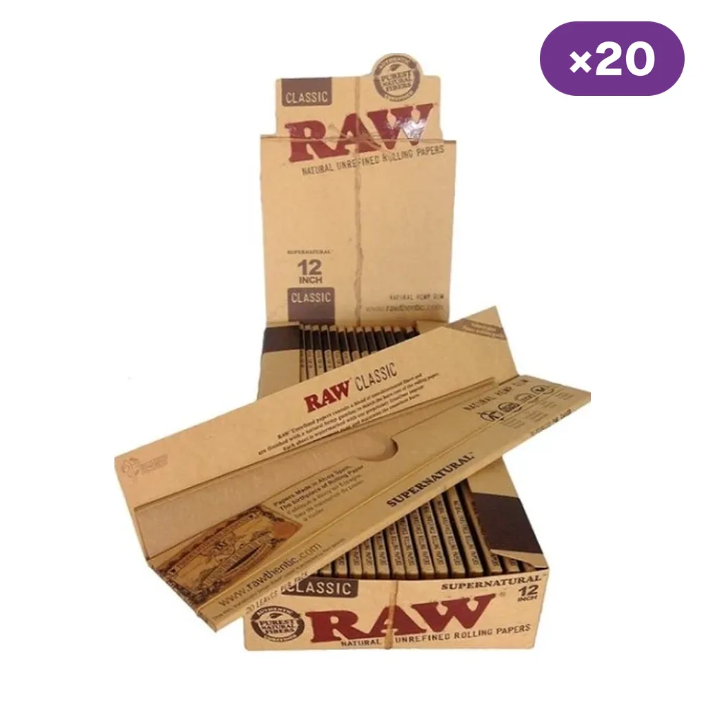Caja expositora abierta de papel RAW Classic Supernatural con varios librillos alargados y un indicador «×20» sobre fondo blanco.