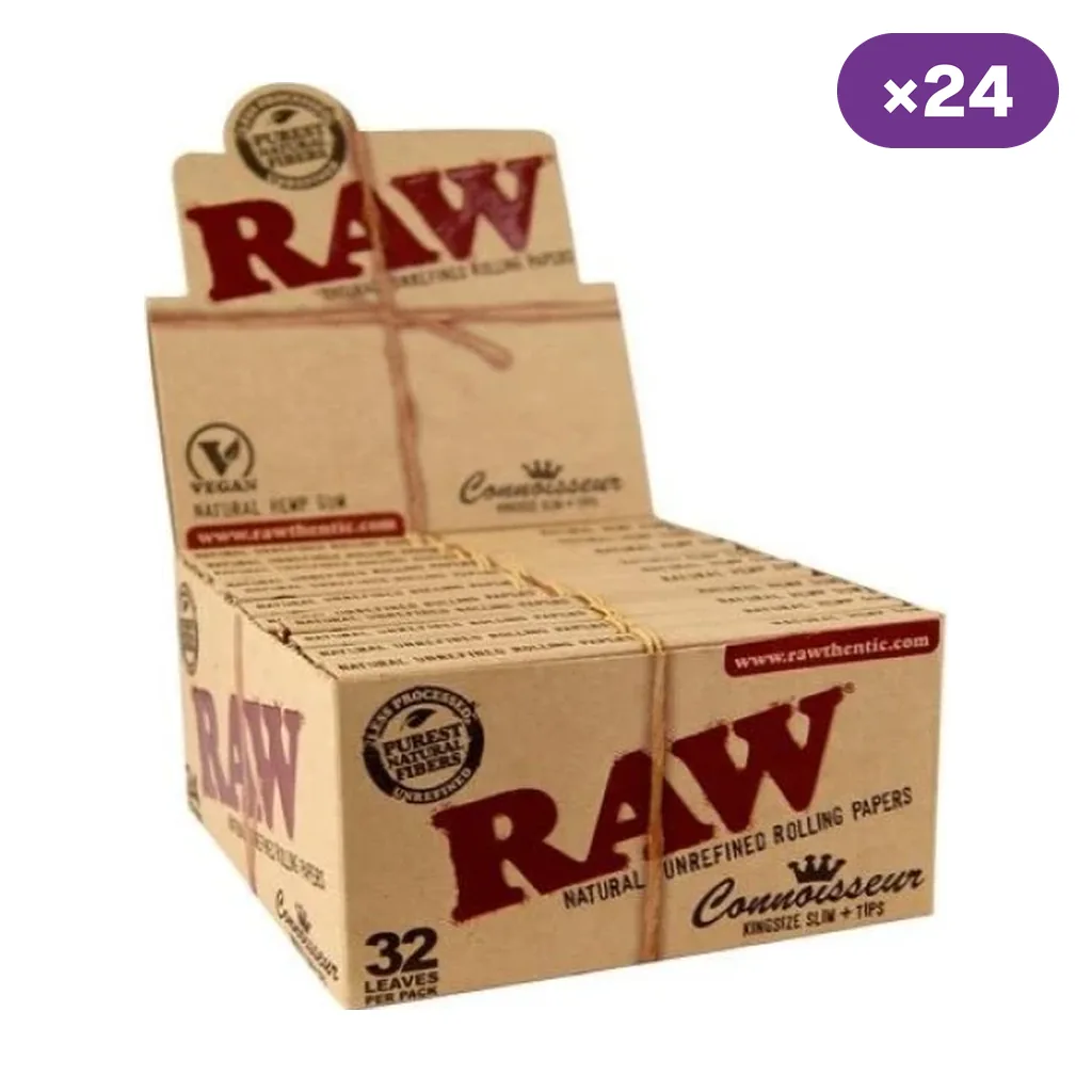 Caja expositora abierta de papel RAW Classic Connoisseur King Size Slim con tips, con varios librillos y distintivo de 24 unidades.