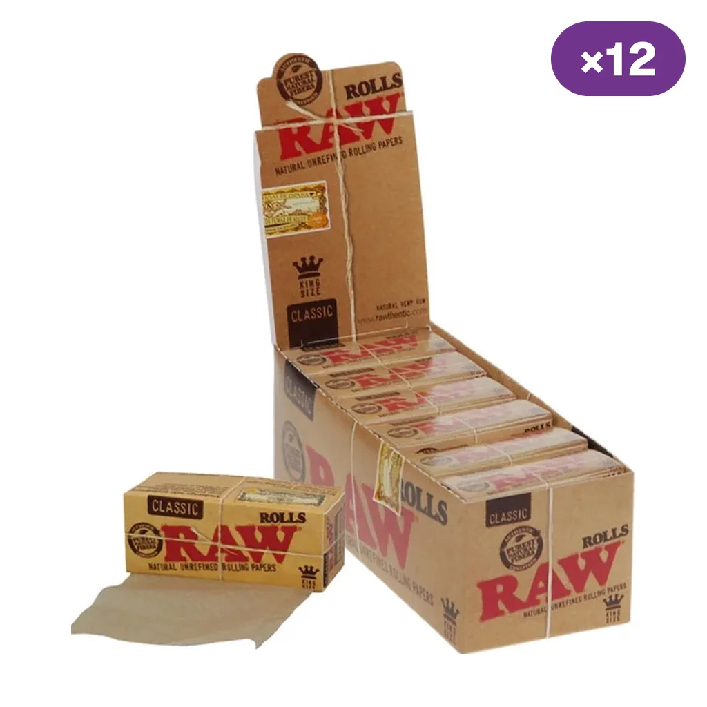 Expositor abierto de RAW Classic Rolls con varias cajitas y una delante con papel desenrollado; distintivo de 12 unidades.