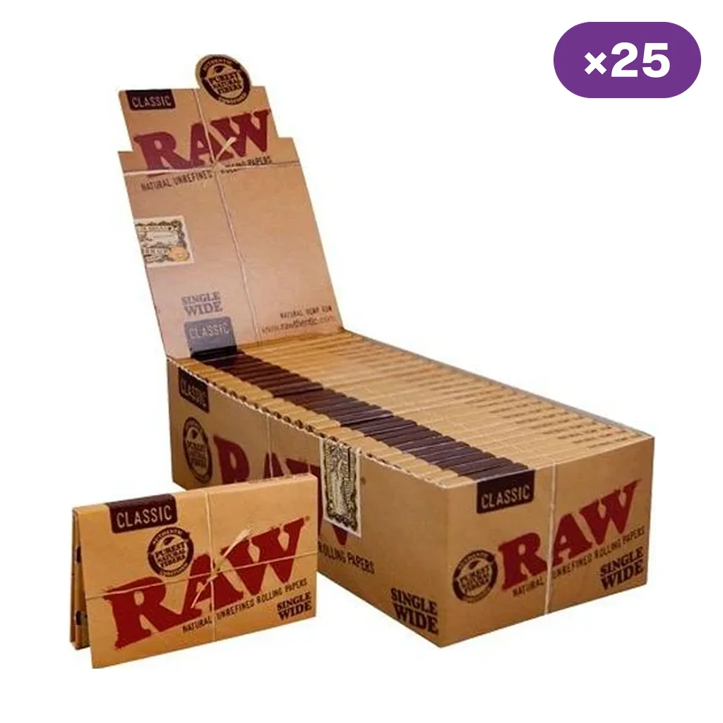 Caja expositora abierta de papel RAW Classic Single Wide con varios librillos, uno delante y un distintivo de 25 unidades.