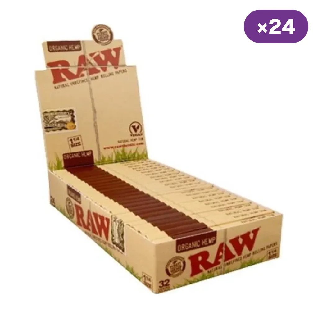 Expositor abierto de papel RAW Organic Hemp 1 1/4 con varias unidades en envases beige y logotipo rojo; distintivo de 24 unidades.