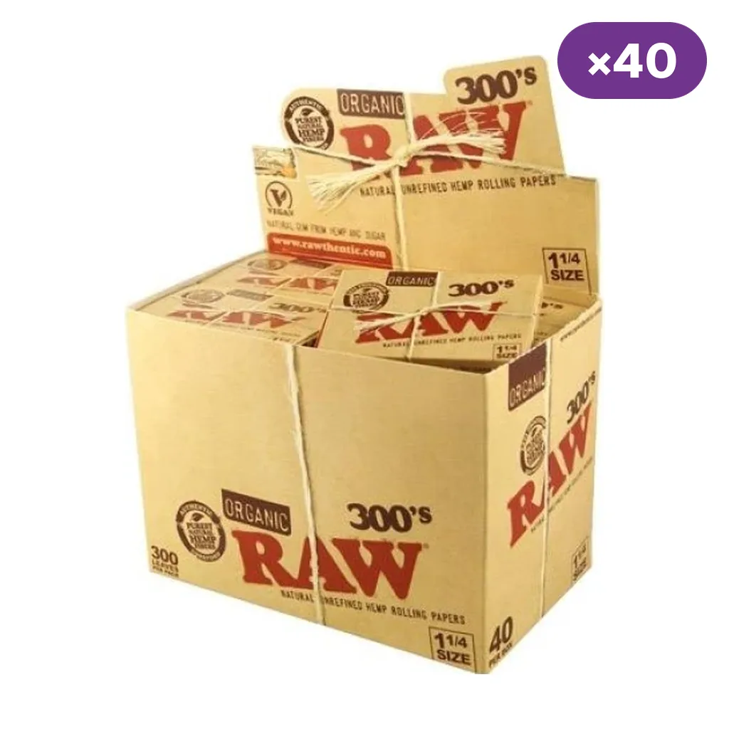 Caja expositora abierta de papel RAW Organic, con varios bloques rotulados 300 y tamaño 1 1/4, e indicación de 40 unidades.