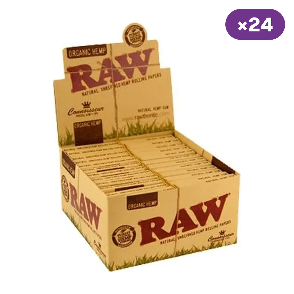 Caja expositora abierta de papel RAW Organic Hemp Connoisseur, con varias unidades ordenadas en filas y distintivo de 24 unidades.