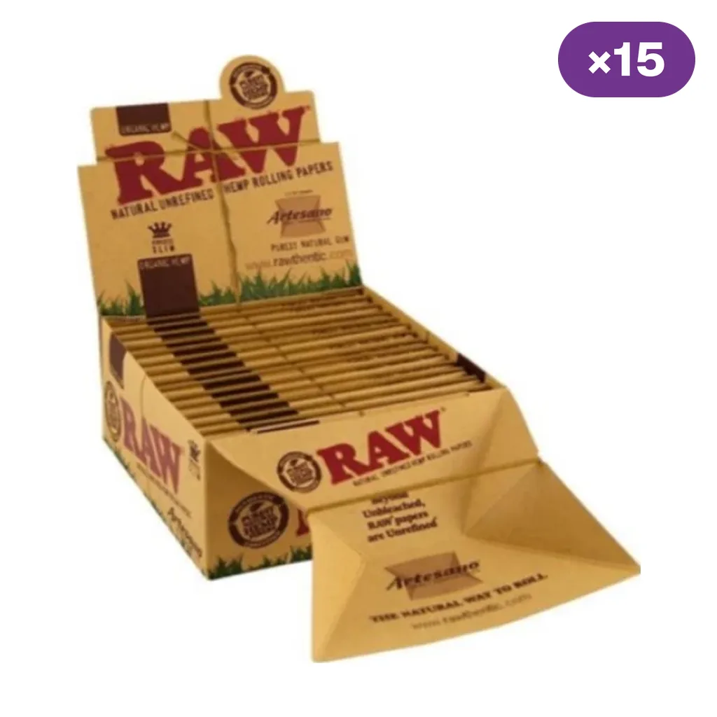 Expositor de papel RAW Organic Artesano con varios librillos y uno abierto delante, que muestra la bandeja desplegada.