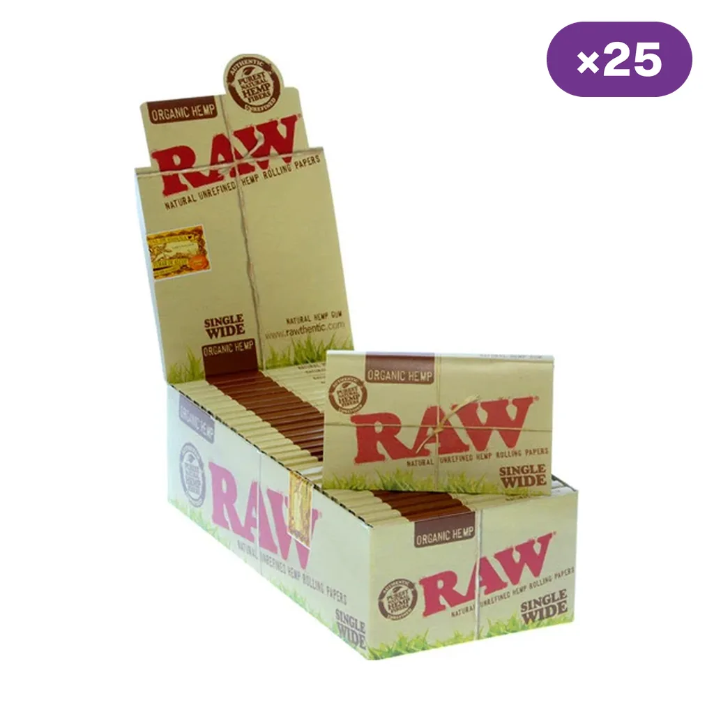 Caja expositora abierta de papel RAW Organic Hemp Single Wide con varias unidades y distintivo de 25 en la esquina superior.