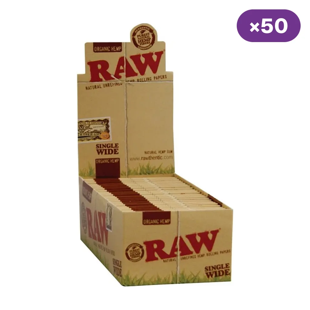 Expositor abierto de papel RAW Organic Hemp Single Wide con libritos beige y marrones sobre fondo blanco y distintivo ×50.
