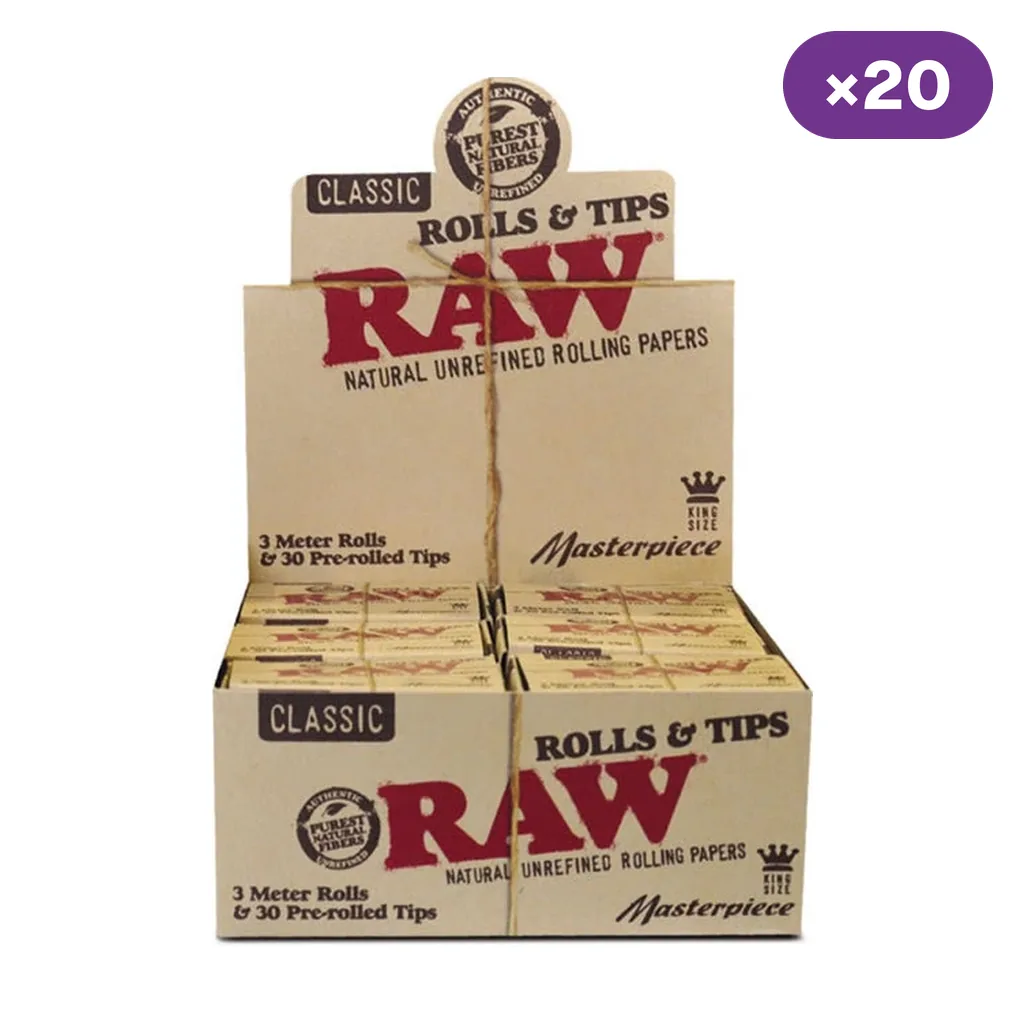 Expositor RAW Classic Rolls & Tips con cajas de rollos de papel de 3 m y 30 tips enrollados, y distintivo de 20 unidades.