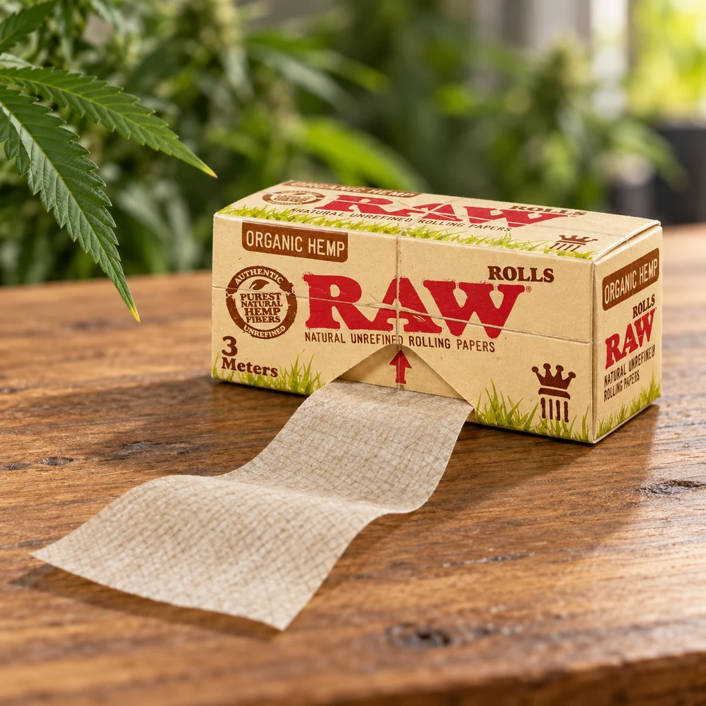 Caja RAW Organic Hemp Rolls con la indicación de 3 metros y una tira de papel desplegada sobre una mesa de madera, con plantas al fondo.