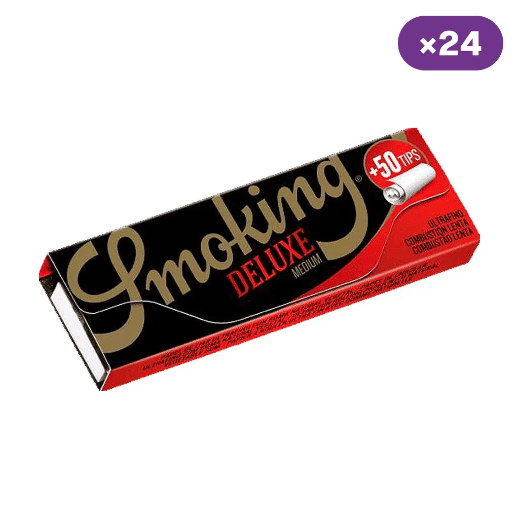 Librito de papel de liar Smoking De Luxe con envase negro y rojo, inscripción «+50 tips» e indicador de caja de 24.