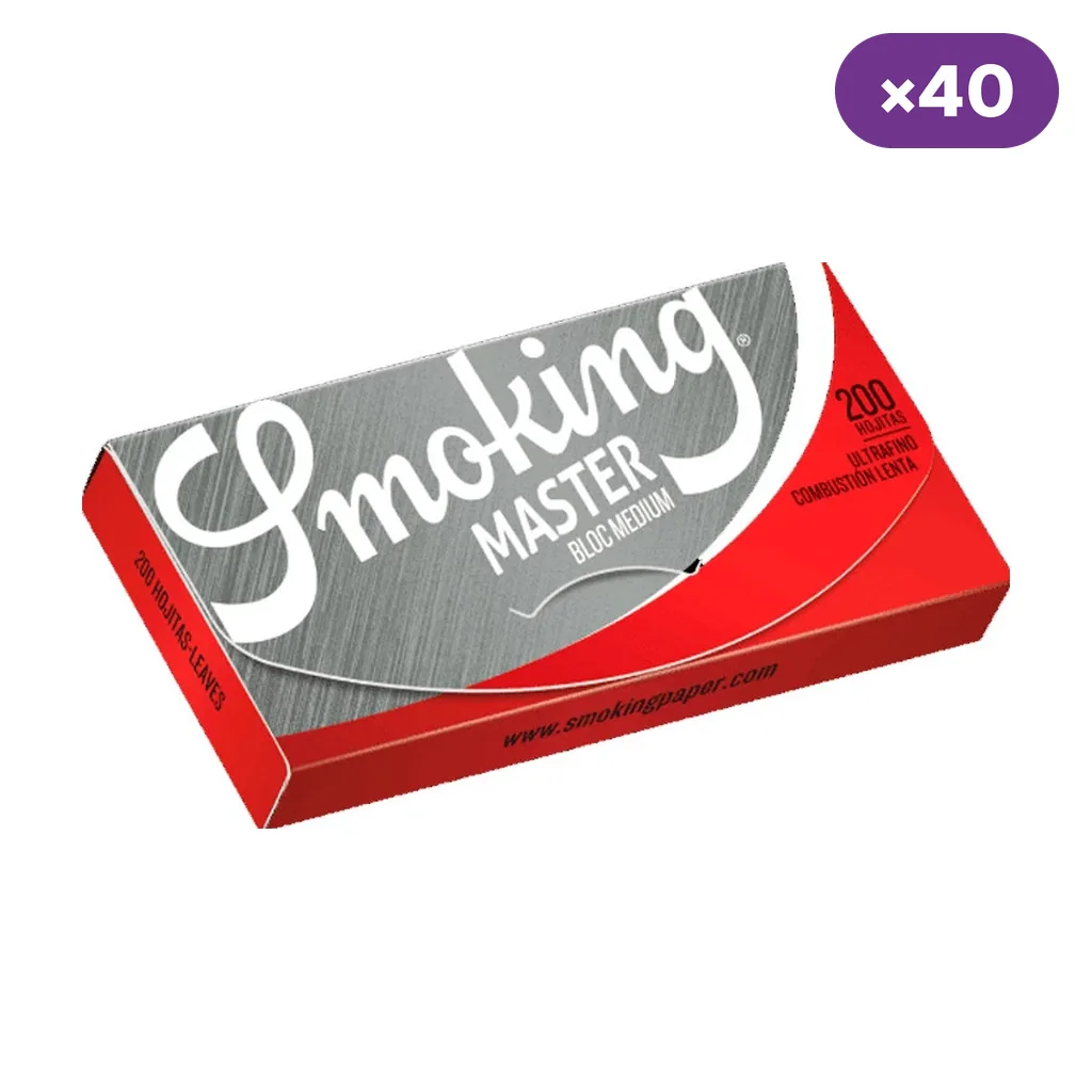 Librito de papel Smoking Master Bloc 200, con cubierta gris y roja, visto en perspectiva y distintivo «×40».