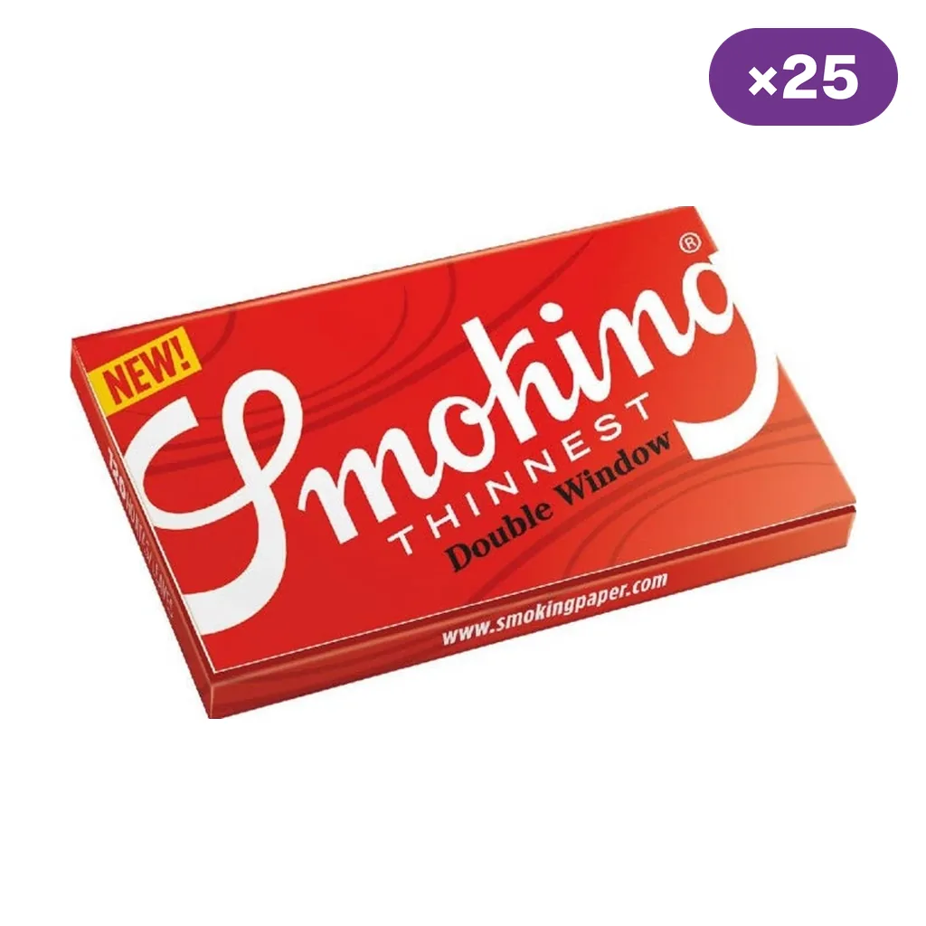 Estuche rojo de papel Smoking Thinnest Double Window, visto en perspectiva sobre fondo blanco, con distintivo de 25 unidades.