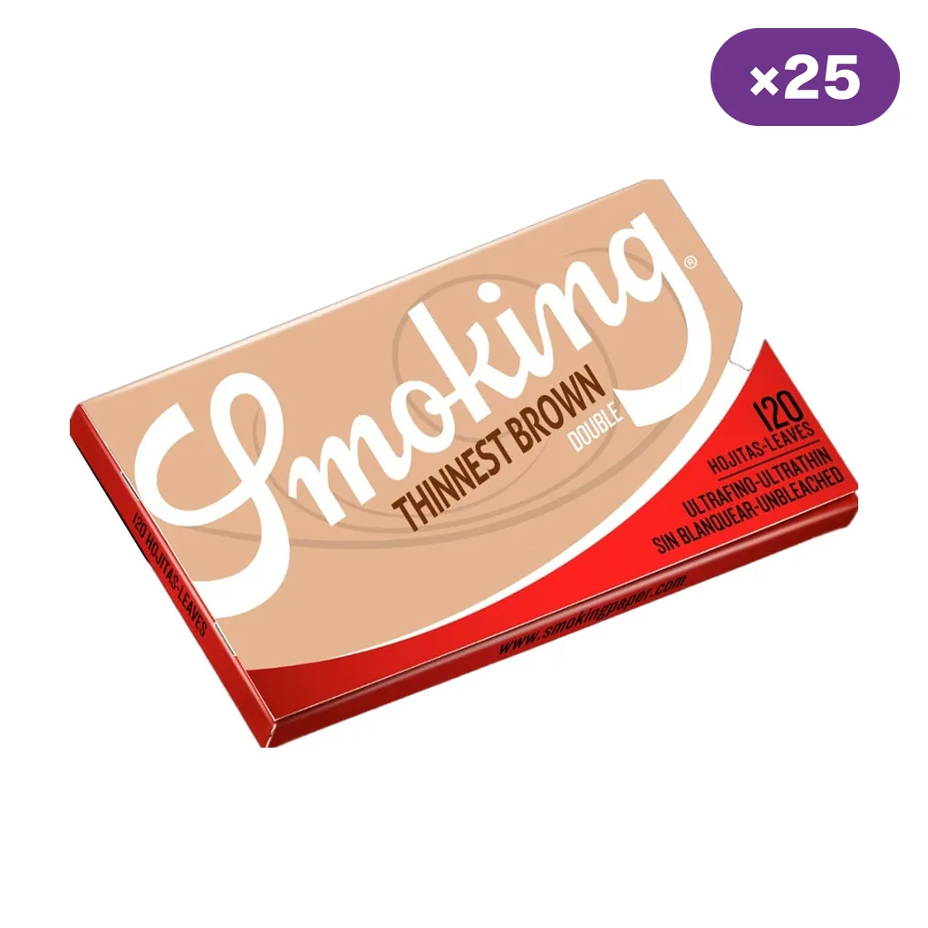 Librillo Smoking Thinnest Brown Double en tonos marrón y rojo, con la indicación de 120 hojas y un distintivo ×25.
