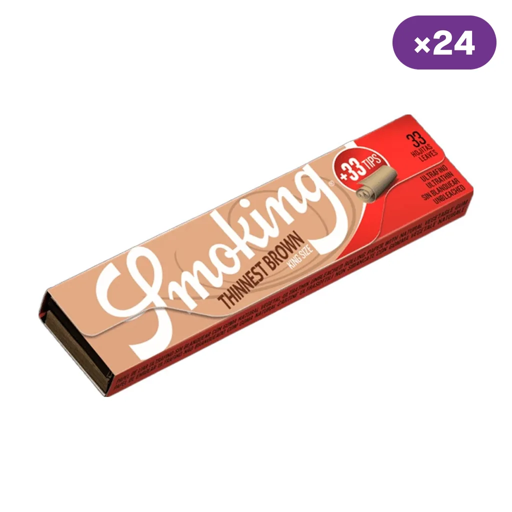 Estuche Smoking Thinnest Brown King Size en diagonal, con indicaciones de 33 papeles y 33 tips y distintivo de 24 unidades.