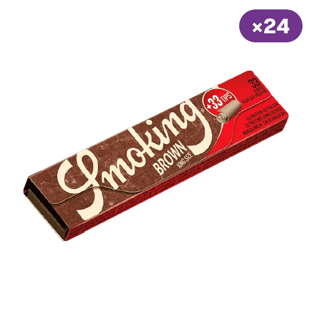 Librillo Smoking Brown King Size con zona roja marcada «+33 tips», presentado en diagonal y con un distintivo ×24.