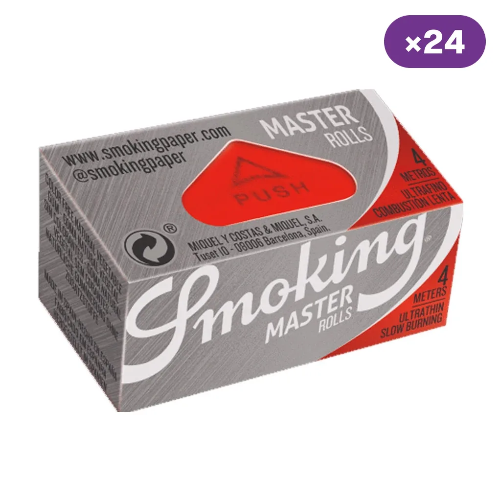 Caja gris y roja de papel Smoking Master Rolls, vista en perspectiva, con indicación de 4 metros y distintivo de 24 unidades.