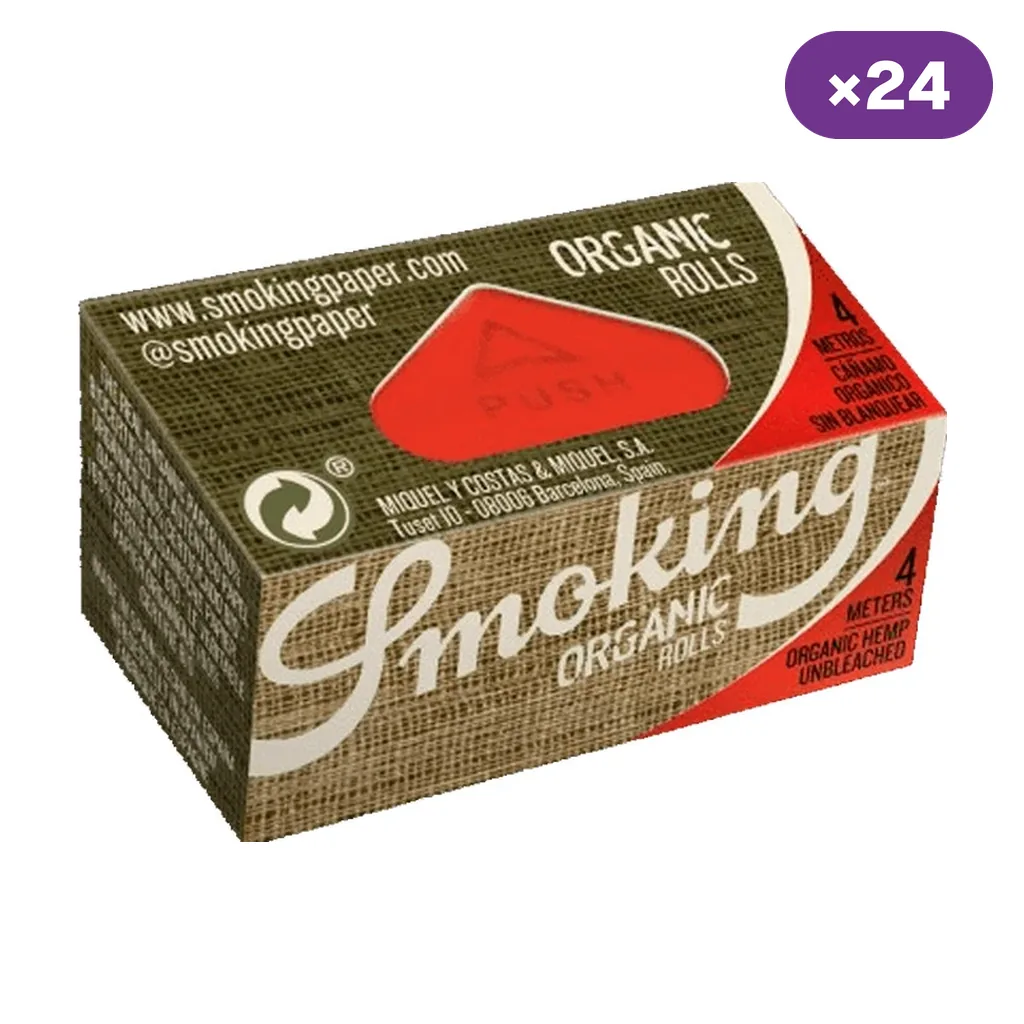 Caja de papel de liar Smoking Organic Rolls con diseño marrón, zonas rojas, abertura superior y rótulos de 4 metros y ×24.