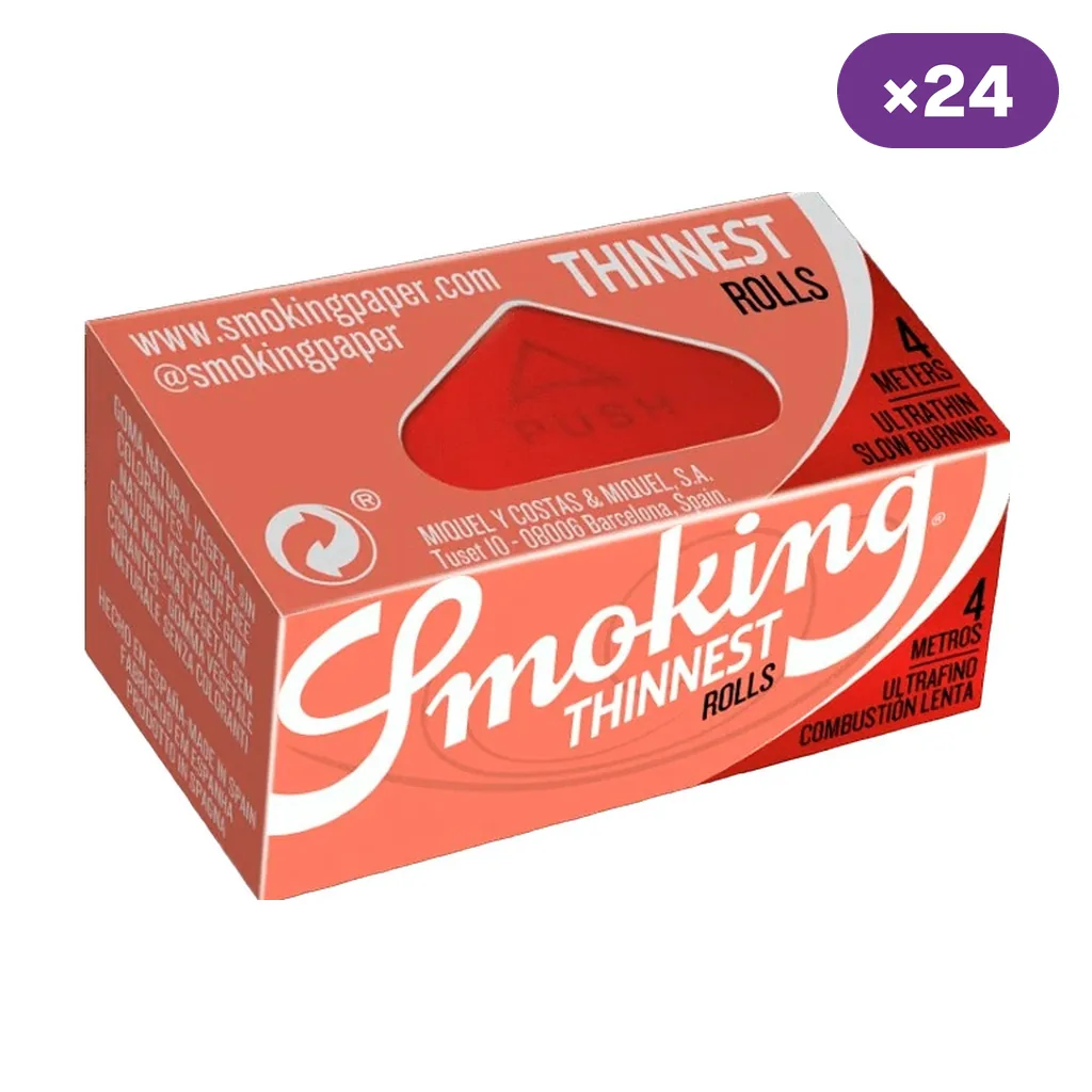 Caja de papel Smoking Thinnest Rolls en tonos coral, vista en perspectiva, con ventana roja, indicación de 4 metros y distintivo ×24.