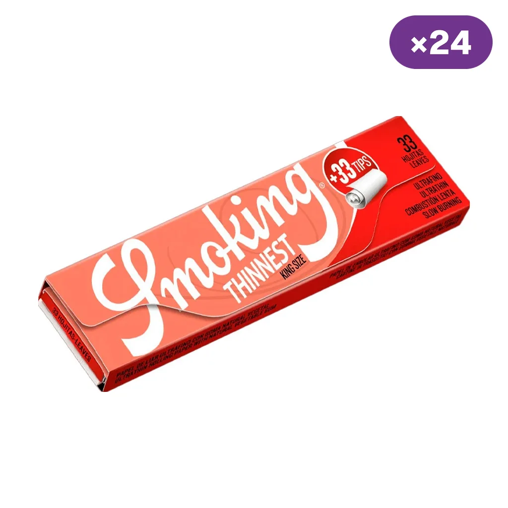 Librillo rojo Smoking Thinnest King Size con texto «33 tips» y «33 hojas», dispuesto en diagonal y con distintivo de 24 unidades.