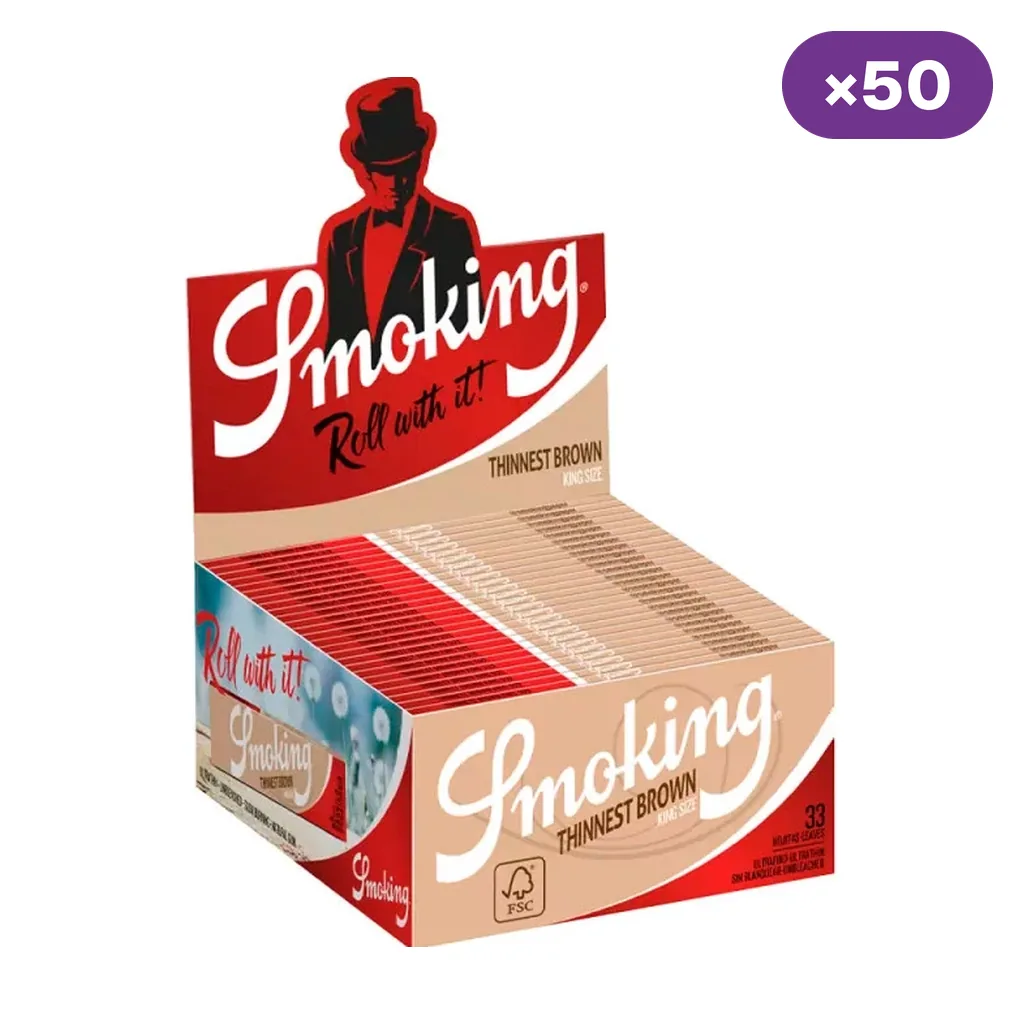 Caja expositora abierta de papel Smoking Thinnest Brown King Size, con librillos en tonos marrón y rojo e indicación de 50 unidades.