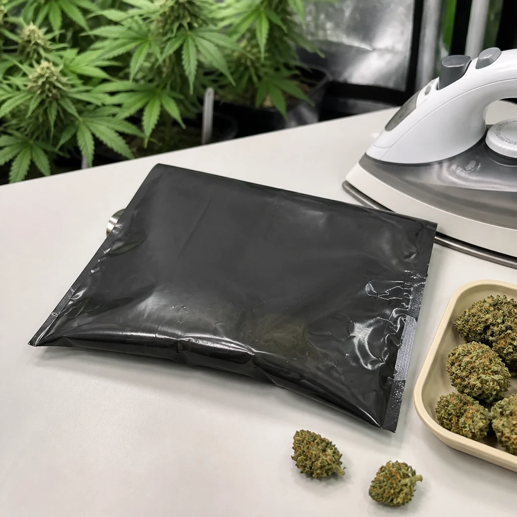 Bolsa negra de conservación sobre una mesa, junto a una plancha y una bandeja con cogollos, con plantas al fondo.