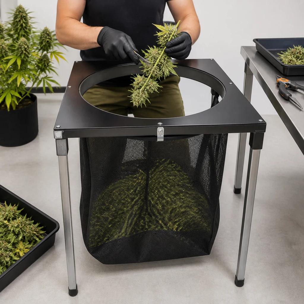 Escena generada de una persona con guantes sujetando una rama de cannabis sobre la abertura de la Trimpro Rotor Table, con bolsa de malla.
