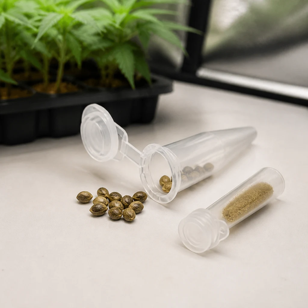 Tubos Eppendorf transparentes abiertos, con semillas y material granulado, sobre una mesa con semillas sueltas y plantas al fondo.