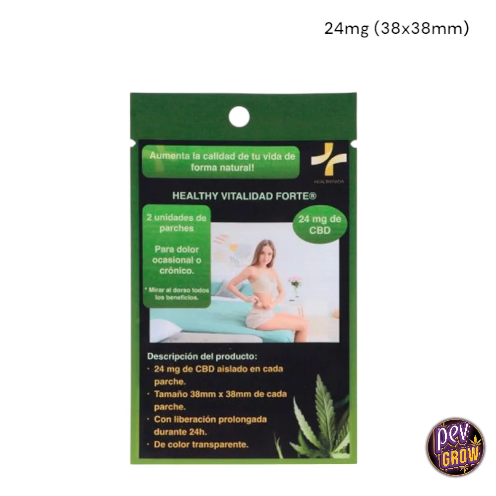Envase verde y negro de parches Healthy Vitalidad Forte, con la indicación 24 mg de CBD y una mujer sentada en una camilla.