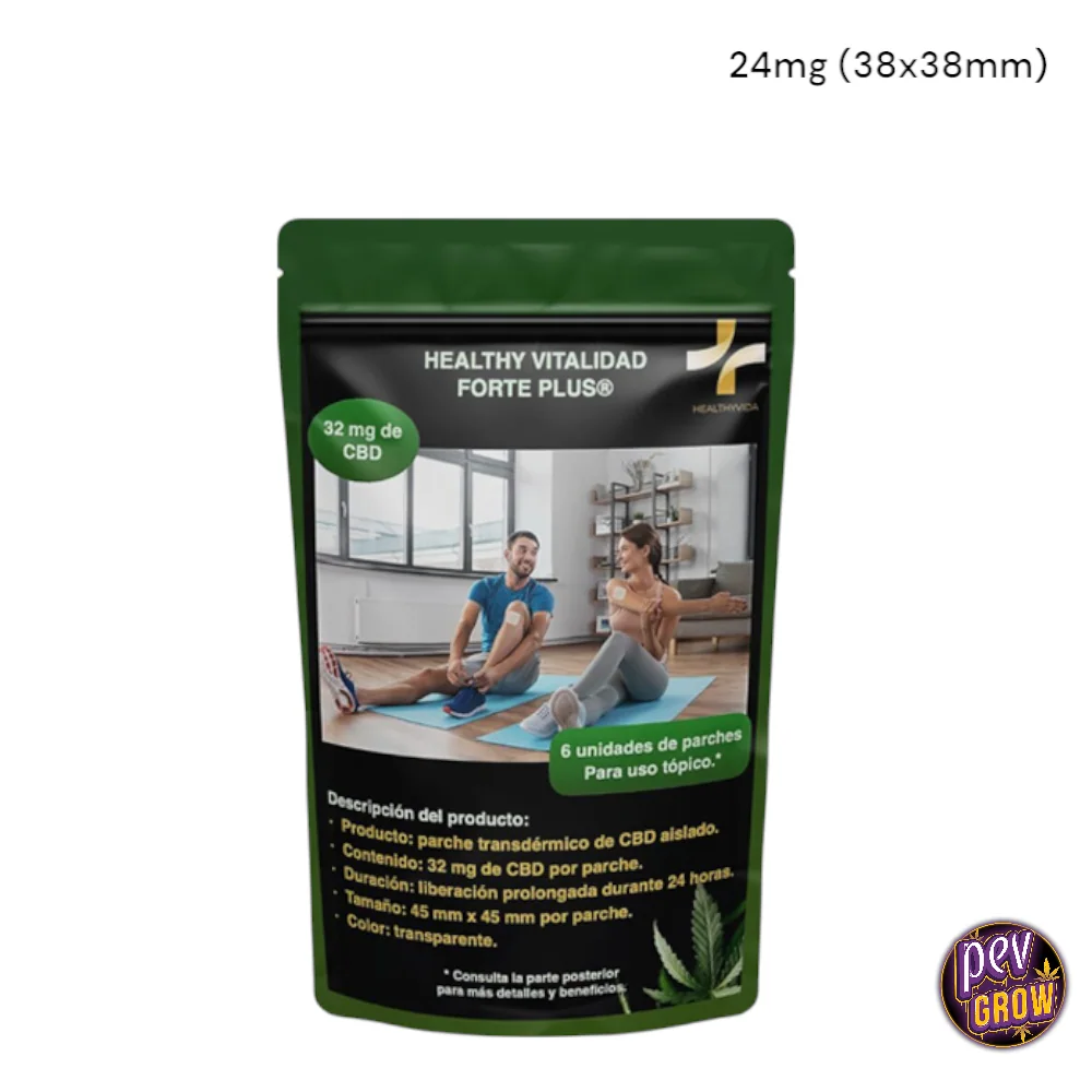 Bolsa verde de parches Healthy Vitalidad Forte Plus, con indicación de 32 mg de CBD y una fotografía de dos personas sobre esterillas.