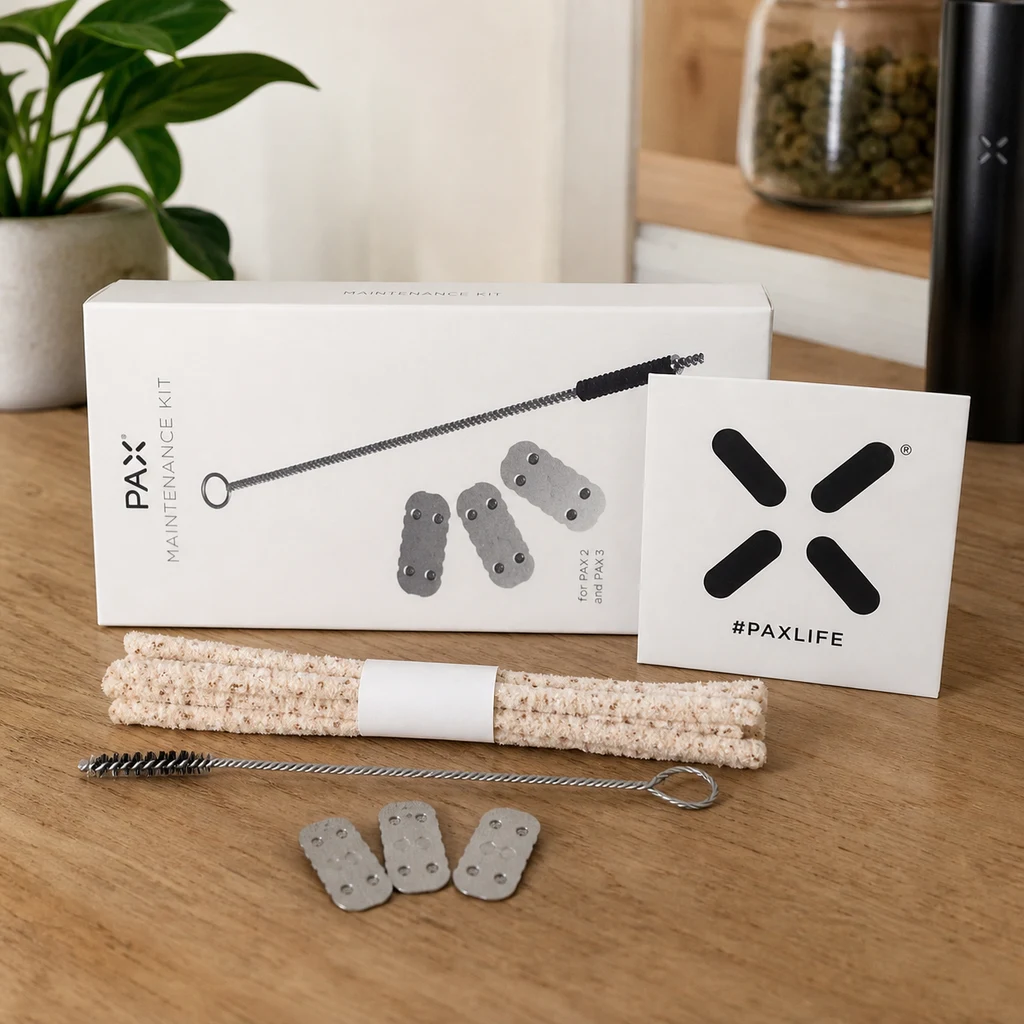 Kit de mantenimiento PAX con cepillo alargado, limpiapipas claros y tres piezas grises perforadas, junto a su caja sobre una mesa.