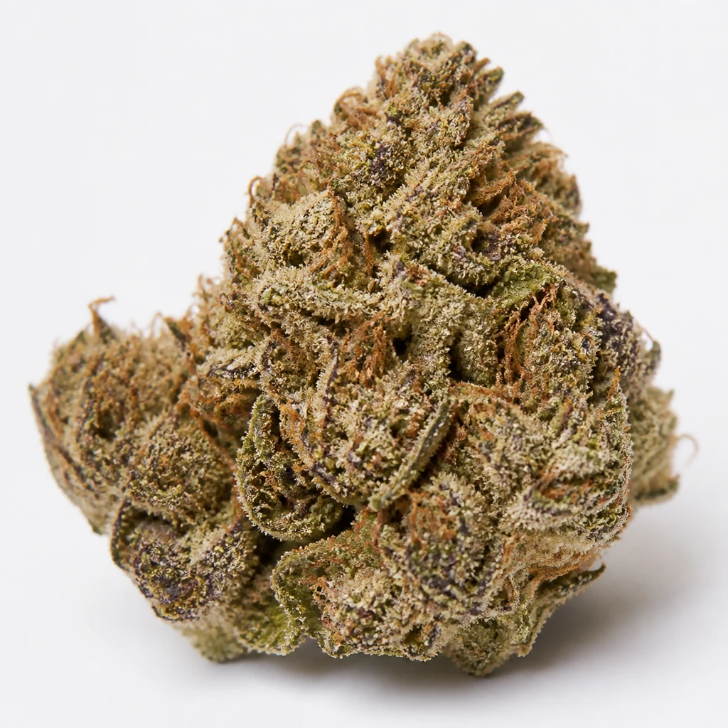 Ilustración de un cogollo compacto con tonos verdes y morados y filamentos anaranjados para la ficha de Peanut Butter Breath Fast Flowering.