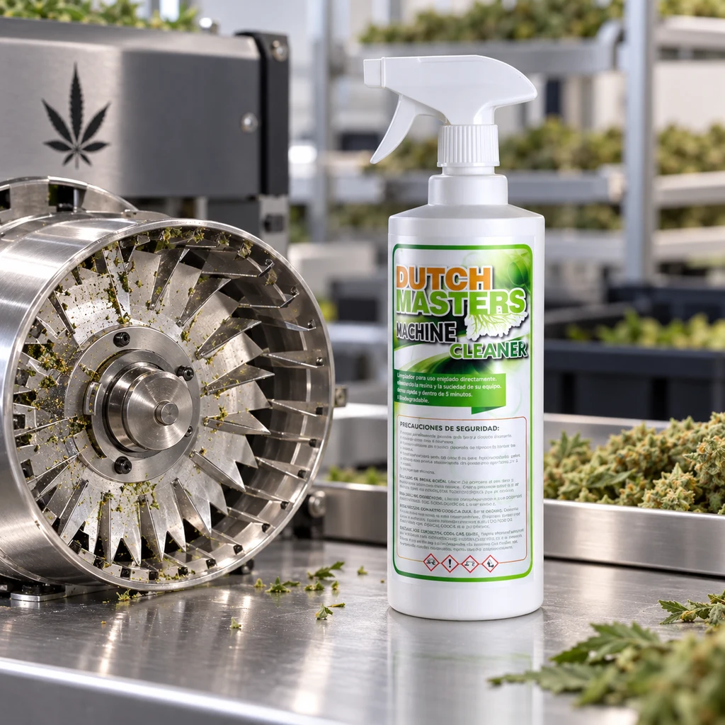 Botella con pulverizador Dutch Masters Machine Cleaner junto a una máquina con restos vegetales y bandejas con cogollos.