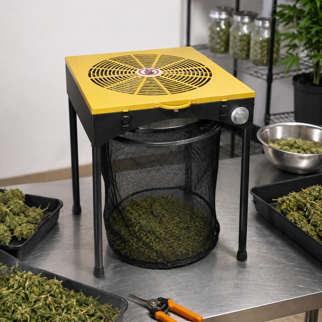Trimmer de mesa con cubierta amarilla, rejilla circular y bolsa de malla negra, rodeado de bandejas con restos vegetales.